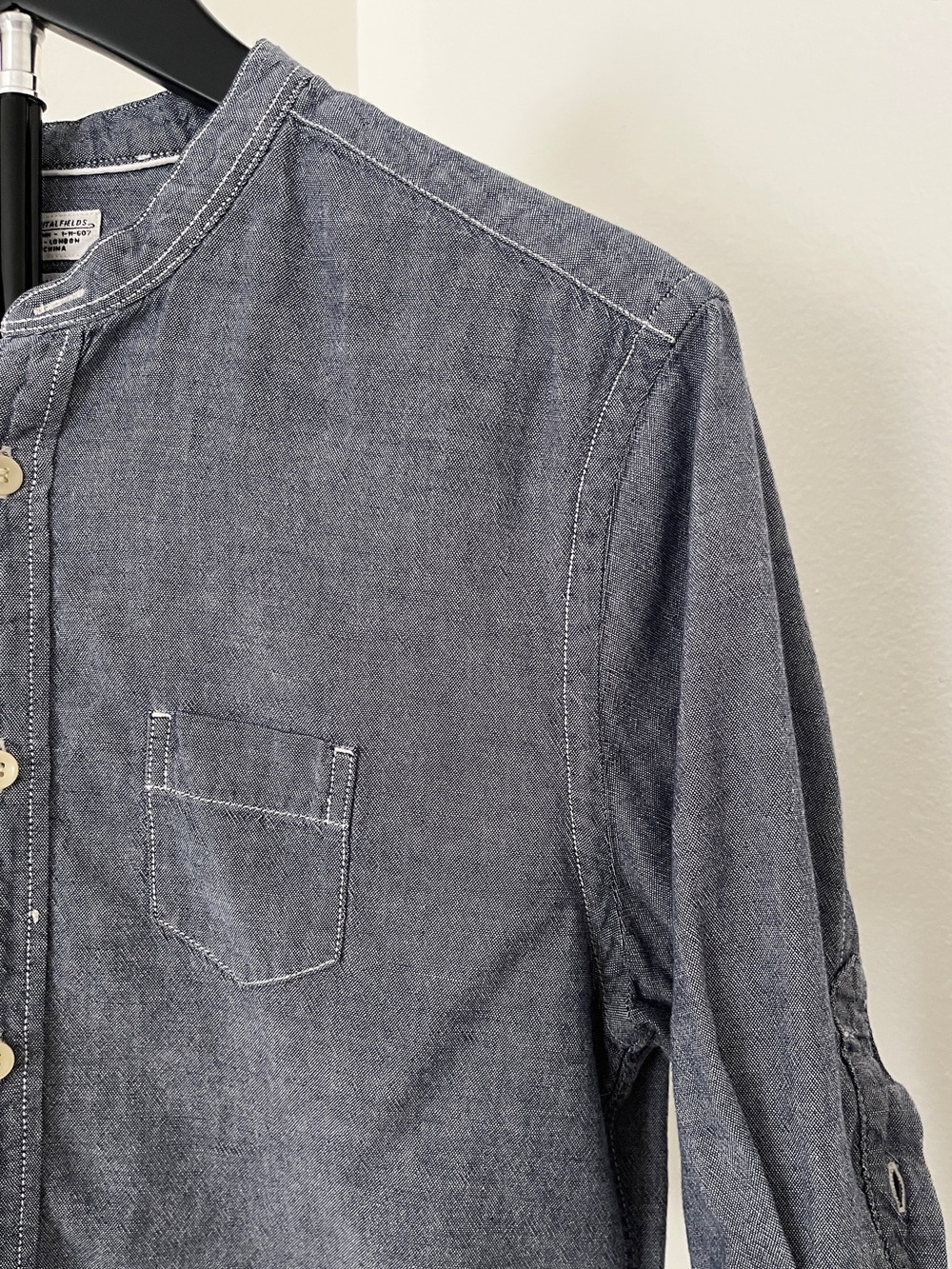 🇬🇧 AllSaints Cropped Band-Collar Chambray Top | London Cool | Small - Picture 7 of 11